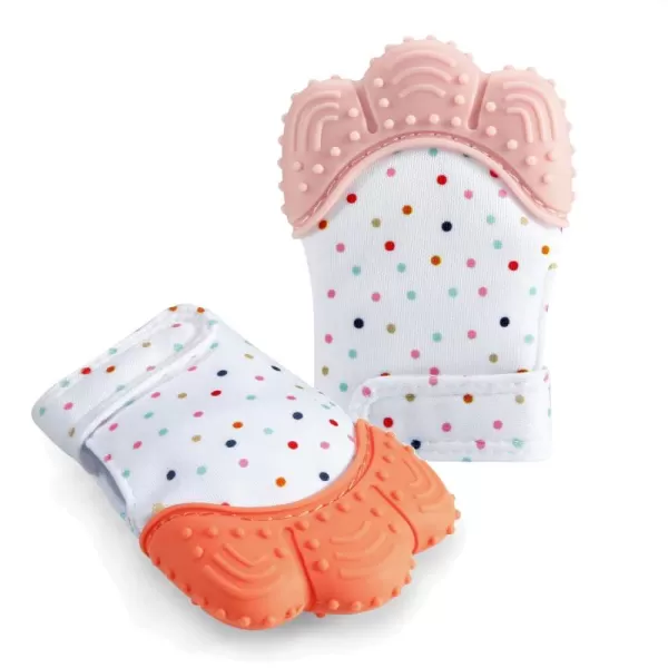 PandaEar Soothing Teething Mitten 2 Pack Pain Relief Protection Glove Stimulating Teether 012 Months Blue GreenOrange Pink