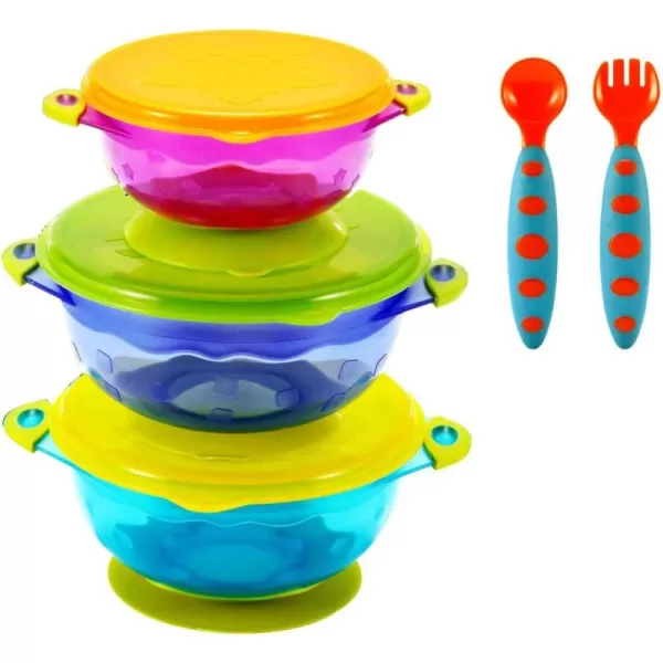 PandaEar Stay Put Spill Proof Stackable Baby Suction Bowls 3 Sizes for Toddlers with Silicone Feeding Utensils and Secure Lids BPA Free
