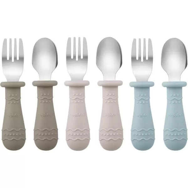PandaEar Toddler Utensils 6 Pack Kids Spoons and Forks 188 Stainless Steel ampamp Food Grade Silicone Children Silverware Set Dishwasher Safe Light TanWalnutBlueLight TanWalnutBlue