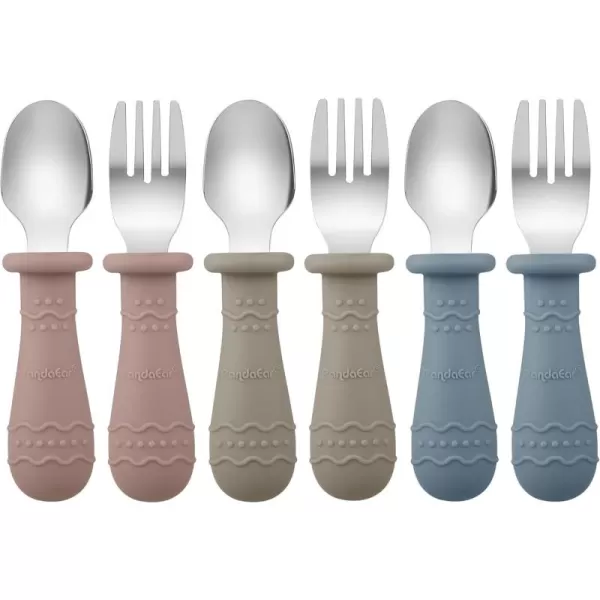 PandaEar Toddler Utensils 6 Pack Kids Spoons and Forks 188 Stainless Steel ampamp Food Grade Silicone Children Silverware Set Dishwasher Safe Light TanWalnutBlueBlueBrownRed
