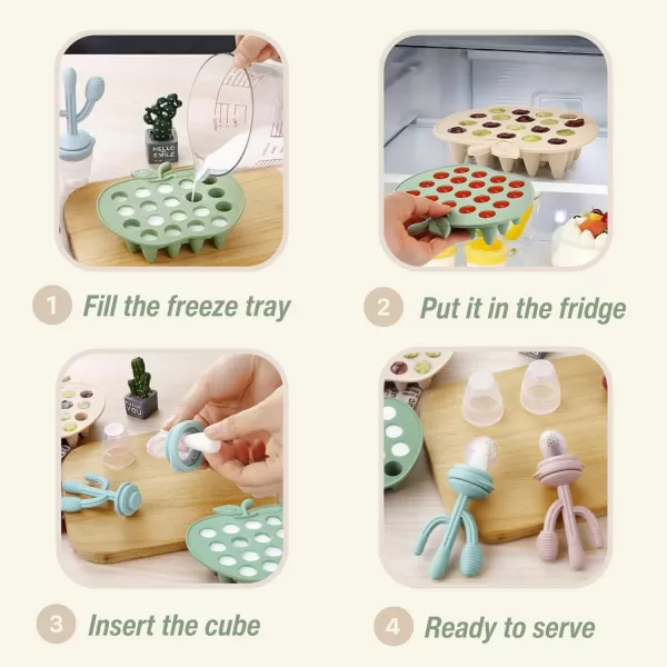 PandaEar 2 Pack Baby Food Freezer Tray ampamp 3 Pack Baby Fruit Food Feeder Pacifier Baby Fruit Food Feeder Teether Tray Ice Cube Maker Silicone Feeder Cactus Shape Teething Toy 3 Sizes Pouches