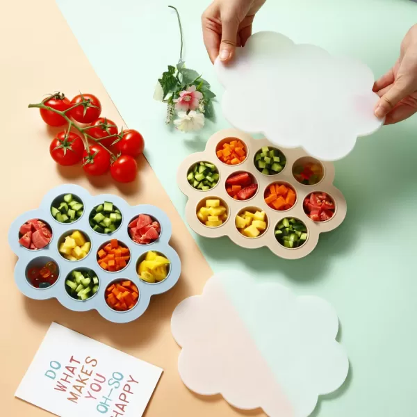PandaEar 2 Pack Baby Food Freezer Tray with Lids Silicone Baby Fruit Food Feeder Teether Tray Baby Food Storage Container Ice Cube Tray Maker for Homemade Baby Food BlueTan
