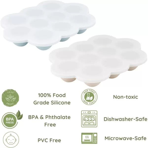 PandaEar 2 Pack Baby Food Freezer Tray with Lids Silicone Baby Fruit Food Feeder Teether Tray Baby Food Storage Container Ice Cube Tray Maker for Homemade Baby Food BlueTan