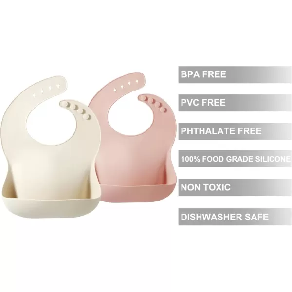 PandaEar 2 Pack Silicone Baby Bibs for Girls Waterproof Silicone Bibs with Food Catcher Thick Adjustable Toddler Bibs Baby Food Bibs for Eating Soft Non Messy Pink Tawny