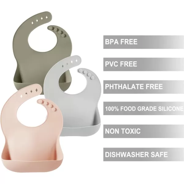 PandaEar 3 Pack Silicone Bibs for Babies Toddlers Girls Boys Adjustable Waterproof BPA Free Soft Durable Bibs for Eating with Large Pocket Food Catcher
