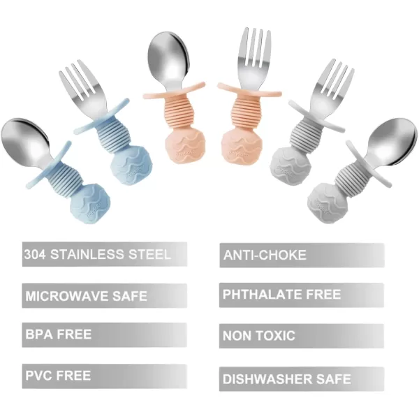 PandaEar 6 Pack Stainless Steel Baby Spoons and Fork Feeding Set  AntiChoke First Self Feeding Utensils for Baby Led Weaning Ages 3 Months PinkBeigeBlueGreyPeach
