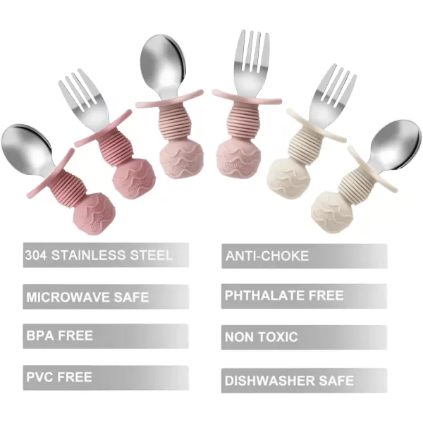 PandaEar 6 Pack Stainless Steel Baby Spoons and Fork Feeding Set  AntiChoke First Self Feeding Utensils for Baby Led Weaning Ages 3 Months PinkBeigePinkBeige