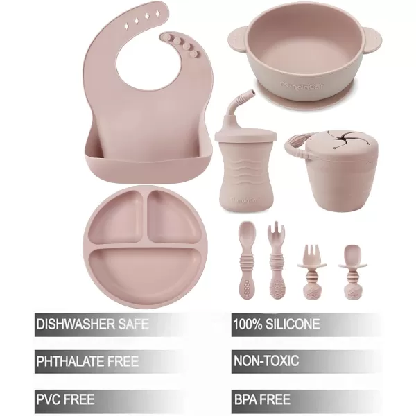 PandaEar Silicone Baby Feeding Set  9PCS Baby Led Weaning Supplies Self Feeding Utensils  Divided Suction Plate Bowl Bibs Sippy Cup with Baby Snack Container Spoons Forks PinkPink