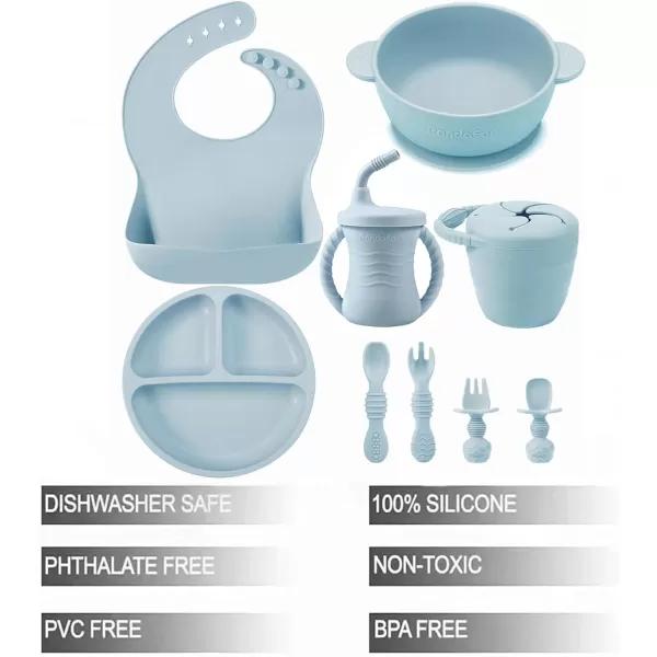 PandaEar Silicone Baby Feeding Set  9PCS Baby Led Weaning Supplies Self Feeding Utensils  Divided Suction Plate Bowl Bibs Sippy Cup with Baby Snack Container Spoons Forks PinkBlue