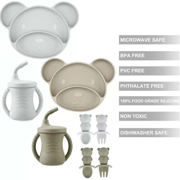 PandaEar Silicone Baby Feeding Set Baby Led Weaning Supplies 8 Pcs Divided Suction Plates Sippy Cup Spoons ampamp Forks for Toddler 6 Months