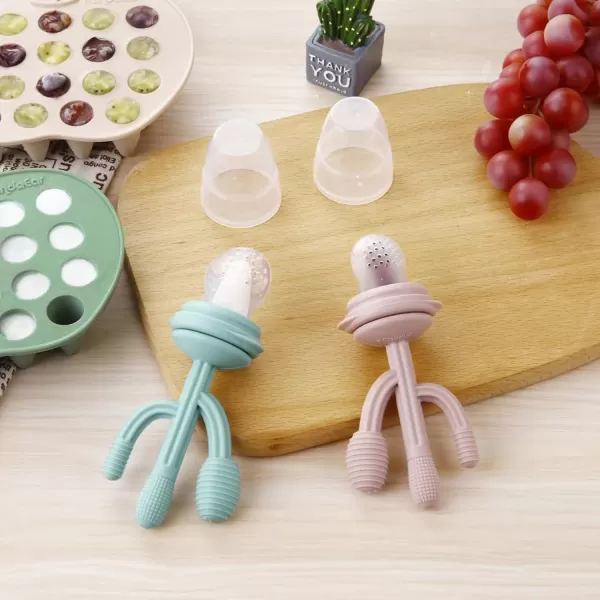 PandaEar Silicone Baby Food Freezer Tray 2 Pack Baby Fruit Food Feeder Teether Tray Baby Food Storage Container Ice Cube Tray Maker for Homemade Baby Food GreenampampTan