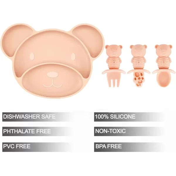 PandaEar Silicone Suction Plate Divided Toddler Plate with Spoon ampamp Fork for SelfFeeding 100 Silicone Baby Food Plate BPA Free Dishwasher Microwave Safe Bear Shape PinkPink