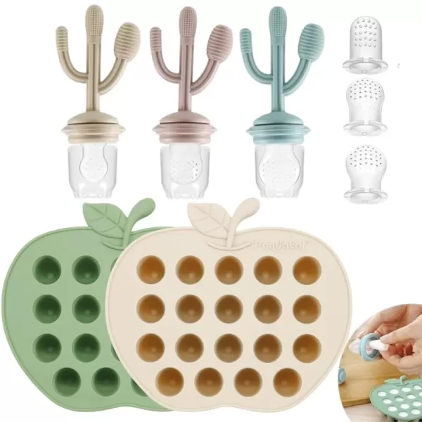 PandaEar 2 Pack Baby Food Freezer Tray ampamp 3 Pack Baby Fruit Food Feeder Pacifier Baby Fruit Food Feeder Teether Tray Ice Cube Maker Silicone Feeder Cactus Shape Teething Toy 3 Sizes Pouches