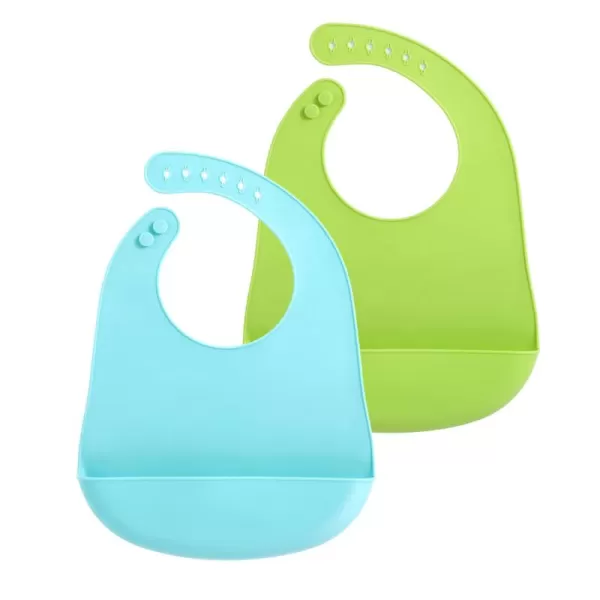 PandaEar 2 Pack Silicone Baby Bibs Super Thin Light Weight for Babies ampamp Toddlers Feeding Adjustable Silicone Bibs with Food Catcher Pocket Waterproof Soft Unisex Non Messy Blue Green