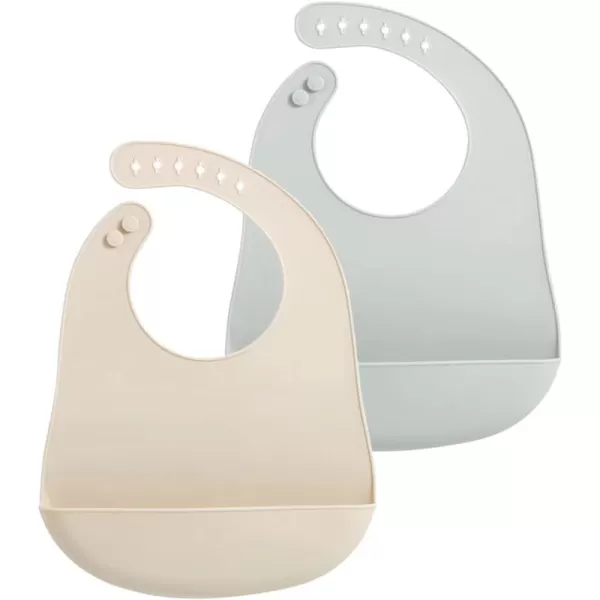 PandaEar 2 Pack Silicone Baby Feeding Bibs Super Thin Light Weight for Babies ampamp Toddlers Adjustable Silicone Bibs with Food Catcher Pocket Waterproof Soft Unisex Non Messy Pink Grey
