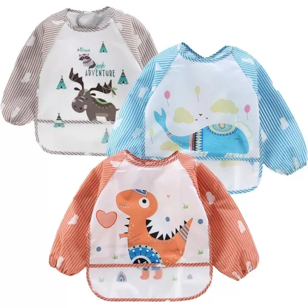 PandaEar 3 Pack Long Sleeve Bibs Waterproof Full Sleeve Bib for Baby Infant Toddler 636 MonthsAnimal