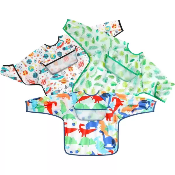 PandaEar 3 Pack Long Sleeve Bibs Waterproof Full Sleeve Bib for Baby Infant Toddler 636 MonthsDinosaur