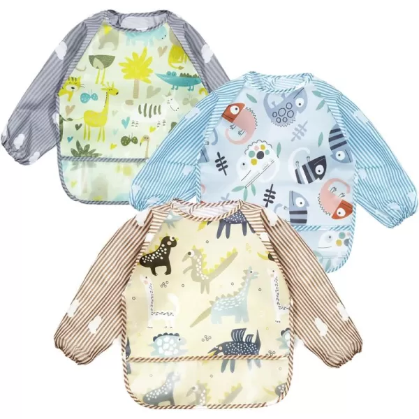 PandaEar 3 Pack Long Sleeve Bibs Waterproof Full Sleeve Bib for Baby Infant Toddler 636 MonthsLizard