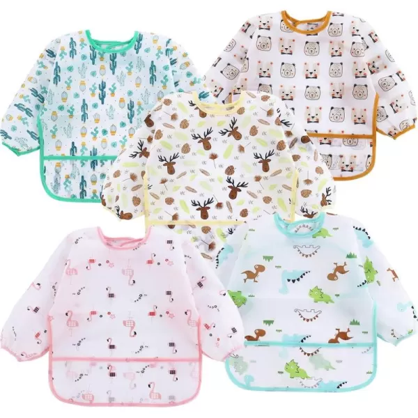 PandaEar 5 Pack Long Sleeve Bibs Waterproof Full Bib with Sleeves for Babies Infant Toddler 624 Months Mess Proof Baby Smock for Eating Baby Apron for Feeding