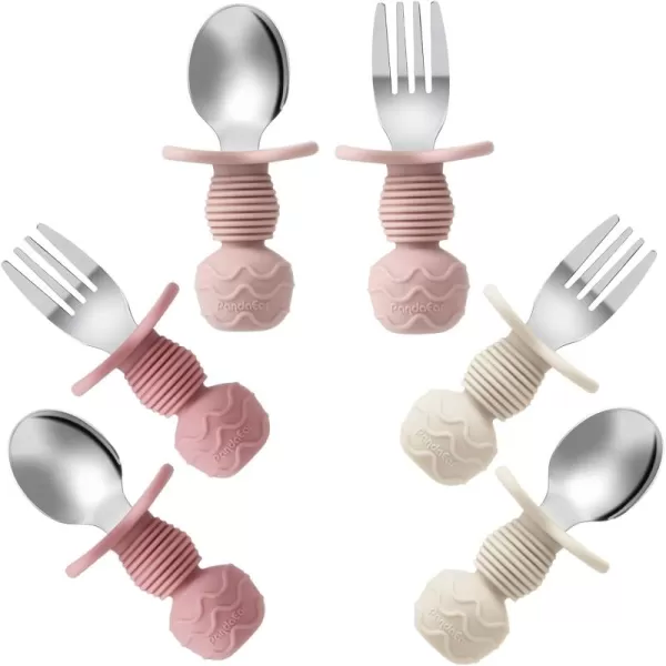 PandaEar 6 Pack Stainless Steel Baby Spoons and Fork Feeding Set  AntiChoke First Self Feeding Utensils for Baby Led Weaning Ages 3 Months PinkBeigePinkBeige
