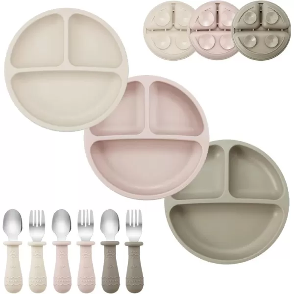 PandaEar 9 PCS Toddler Plates and Utensils Set 3 Pack Suction Plates for Toddler with 3 Spoons 3 Forks Silicone Baby Feeding Set Toddler Dinnerware Eating Essentials