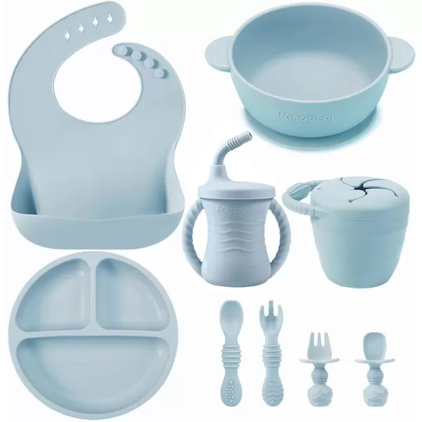 PandaEar Silicone Baby Feeding Set  9PCS Baby Led Weaning Supplies Self Feeding Utensils  Divided Suction Plate Bowl Bibs Sippy Cup with Baby Snack Container Spoons Forks PinkBlue