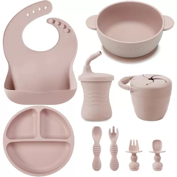 PandaEar Silicone Baby Feeding Set  9PCS Baby Led Weaning Supplies Self Feeding Utensils  Divided Suction Plate Bowl Bibs Sippy Cup with Baby Snack Container Spoons Forks PinkPink