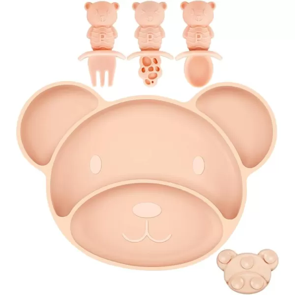 PandaEar Silicone Suction Plate Divided Toddler Plate with Spoon ampamp Fork for SelfFeeding 100 Silicone Baby Food Plate BPA Free Dishwasher Microwave Safe Bear Shape PinkPink