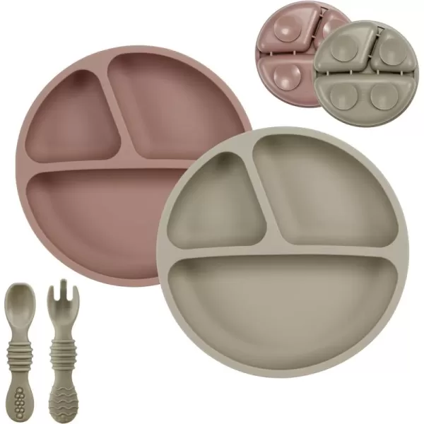 PandaEar Suction Plates for Baby Toddlers Silicone Baby Plates with Suction 2 Pack Toddler Plates and Utensils Set Divided Plates for Kids Infant NonToxic BPA Free Dishes