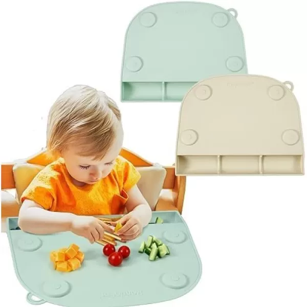 PandaEar 2 Pack Silicone Suction Placemats for Baby Kids Food Grade Mats Toddler Placemats with Food Catching Pockets for Dining Table ampamp Restaurants GreenLight Tan