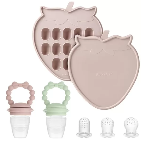 PandaEar Baby Food Freezer Tray ampamp 2 Pack Baby Fruit Food Feeder Pacifier Baby Fruit Food Feeder Teether Tray Ice Cube Maker Breastmilk Popsicle Molds for Baby Teething Relief