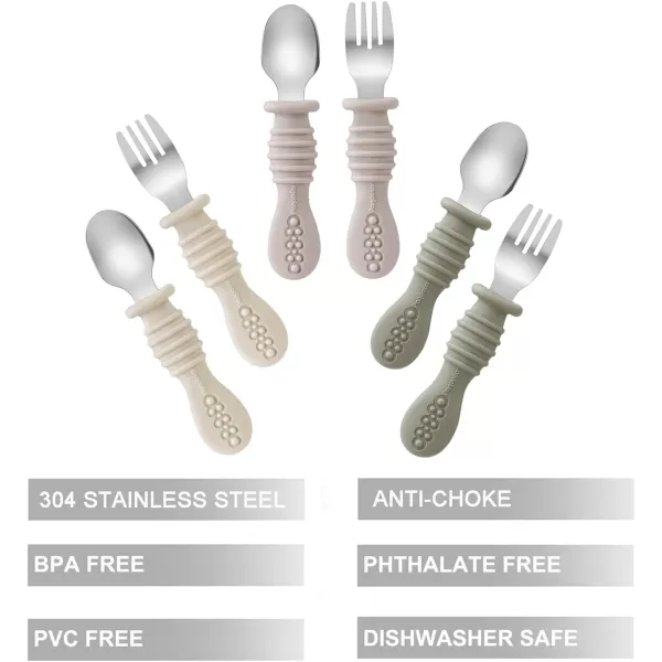 PandaEar 6 Pack Toddler Fork and Spoon Utensil Set Baby Silicone Stainless Steel Silverware Spoon Fork for Babies Kids BPA Free WalnutampampLinenampampBrown