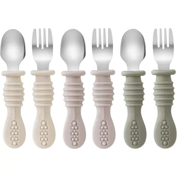 PandaEar 6 Pack Toddler Fork and Spoon Utensil Set Baby Silicone Stainless Steel Silverware Spoon Fork for Babies Kids BPA Free WalnutampampLinenampampBrown