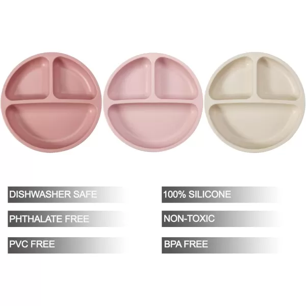 PandaEar 3 Pack Toddler Plates Silicone Divided Suction Plate for Babies BPAFree 100 FoodGrade Silicone Unbreakable Baby Plate OrangePinkLinenLight Pink