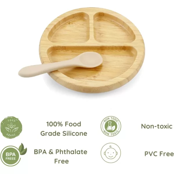 PandaEar Bamboo Suction Plate Wooden Baby Plates with Silicone Spoons for Toddlers ampamp Kids Divided NonSlip Wooden Plate Feeding Supplies
