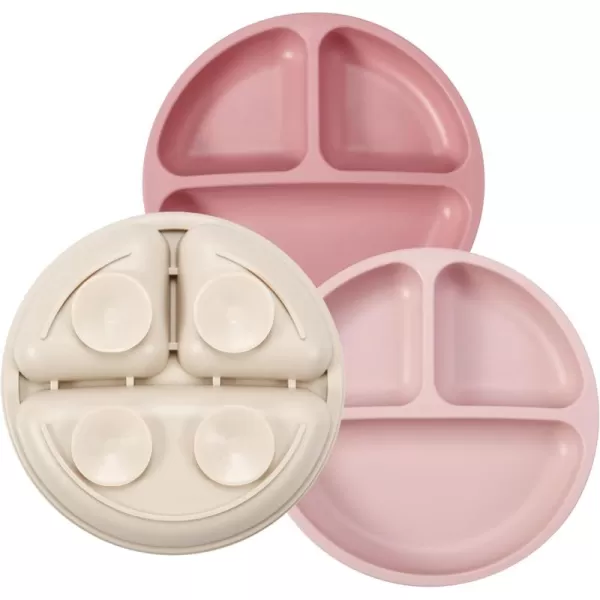 PandaEar 3 Pack Toddler Plates Silicone Divided Suction Plate for Babies BPAFree 100 FoodGrade Silicone Unbreakable Baby Plate OrangePinkLinenLight Pink