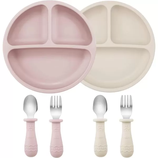 PandaEar 6 Pack Toddler Plates and Utensils Set 2 Pack Silicone Baby Plates with Suction and 4 Stainless Steel Baby Spoons Forks Toddler Dinnerware Set Baby Dishes