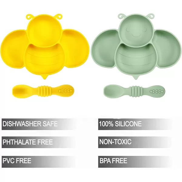 PandaEar 2 Pack Silicone Suction Plates for Baby Divided Unbreakable Toddler Plate with 2 Pack Spoons for Self Feeding Babies Utensils Feeding Set Baby Eating Supplies Bee Shape YellowampampGreen