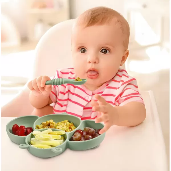 PandaEar 2 Pack Silicone Suction Plates for Baby Divided Unbreakable Toddler Plate with 2 Pack Spoons for Self Feeding Babies Utensils Feeding Set Baby Eating Supplies Bee Shape YellowampampGreen