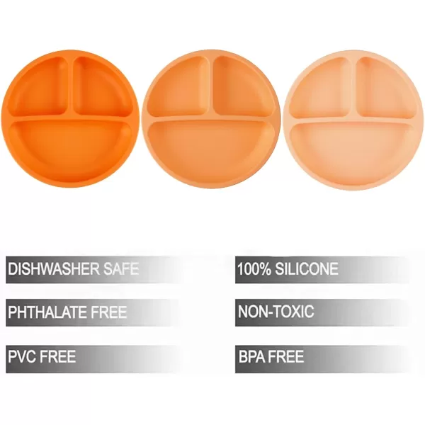 PandaEar 3 Pack Toddler Plates Silicone Divided Suction Plate for Babies BPAFree 100 FoodGrade Silicone Unbreakable Baby Plate OrangeOrange