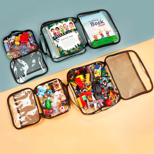 PandaEar 4 Pack Toy Storage Zippered Bags Clear PVC Portable Organizer Bags with Manual Pockets for Board Games Puzzles Building Blocks Book ampamp Small Toys Small Large