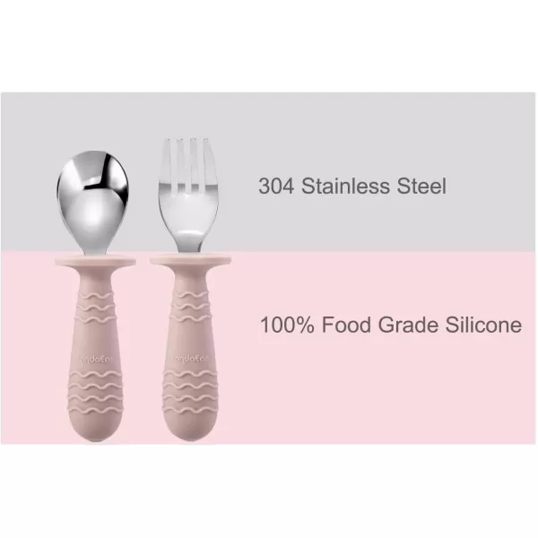 PandaEar 4 Set Baby Toddler Silicone Stainless Steel Utensils Silverware Spoon Fork for Baby Toddler BPA Free with Silicone Holding AntiChoke Design PinkampampGreyPinkGrey