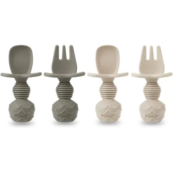 PandaEar Silicone Baby Feeding Set 2 Pack Silicone Divided Suction Plate and 2 Pack Tiny Cup with 2 Spoons 2 Forks Baby Led Weaning Supplies Self Feeding Eating Utensils Light TanWalnutLight TanWalnut