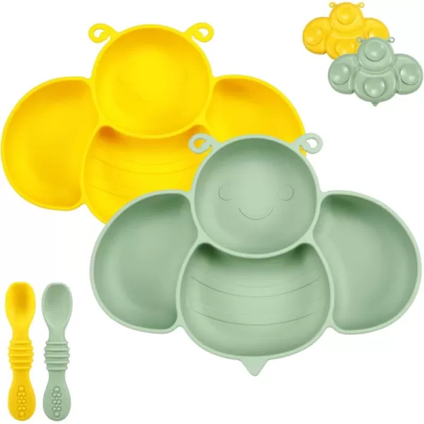 PandaEar 2 Pack Silicone Suction Plates for Baby Divided Unbreakable Toddler Plate with 2 Pack Spoons for Self Feeding Babies Utensils Feeding Set Baby Eating Supplies Bee Shape YellowampampGreen