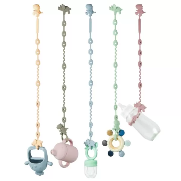 PandaEar Baby Toy Straps  5 Pack Dinosaur Silicone Pacifier Teether Harness Straps  Adjustable Baby Toy Holder for Bottles Strollers High Chairs Cribs