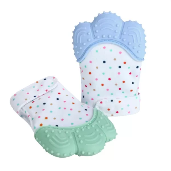 PandaEar Soothing Teething Mitten 2 Pack Pain Relief Protection Glove Stimulating Teether 012 Months Blue GreenBlue Green