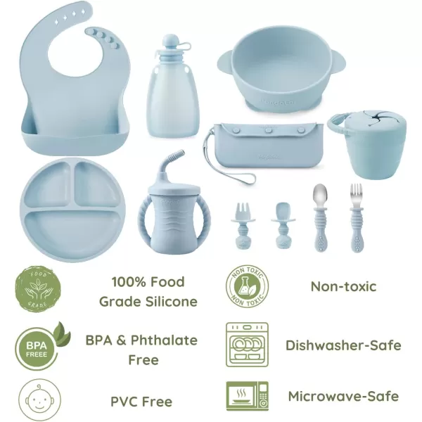 PandaEar Silicone Baby Feeding Set  11PCS Baby Led Weaning Supplies Self Feeding Utensils  Divided Suction Plate Bowl Bibs Sippy Cup with Baby Food Pouch Snack Container Spoons Forks Blue