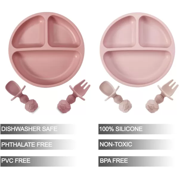 imagePandaEar 2 Pack Toddler Divided Suction Plates with 2 Spoons 2 Forks for Babies  Silicone Baby Led Weaning Supplies Self Feeding Eating Utensils  BPAFree Silicone Baby Feeding Set Pink