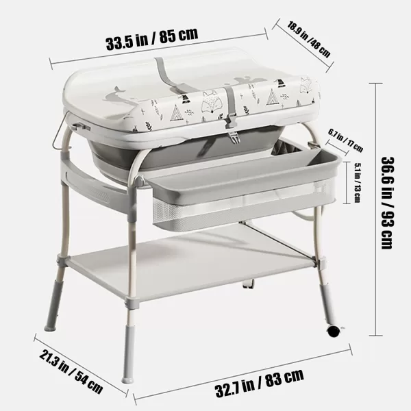 imagePandaEar 2in1 Baby Bathtub ampamp Changing Table Adjustable Height Folding Diaper Station Waterproof Pad with Storage Rack ampamp Wheels Baby Bath Tub with Thermometer