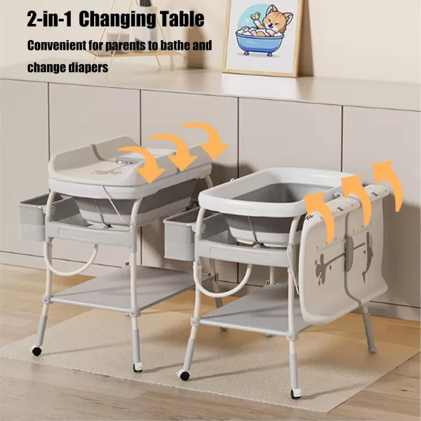 imagePandaEar 2in1 Baby Bathtub ampamp Changing Table Adjustable Height Folding Diaper Station Waterproof Pad with Storage Rack ampamp Wheels Baby Bath Tub with Thermometer